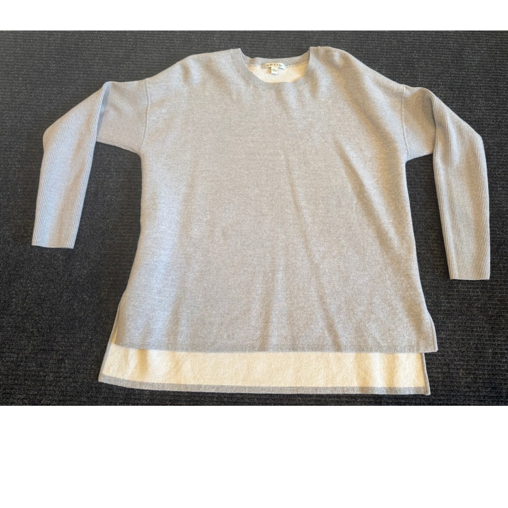 Orvis Womens Grey‎ Cream  Stepped Hem Crewneck Sweater Size Large L